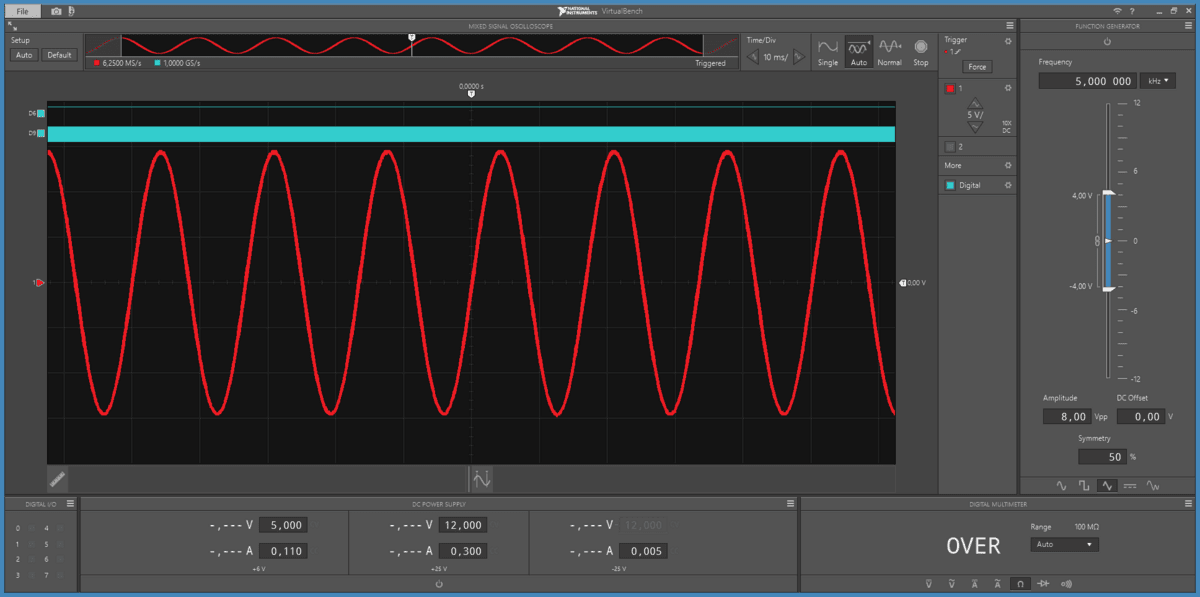Clean 60 Hz sine at a 30 V rail, 10.2 V RMS, centred on 0 V after the coupling capacitor