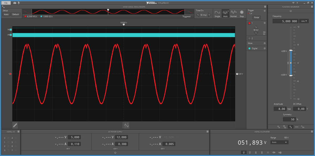 60 Hz sine at 52 V and 17.7 V RMS with a sharp V-shaped notch at the top of every crest
