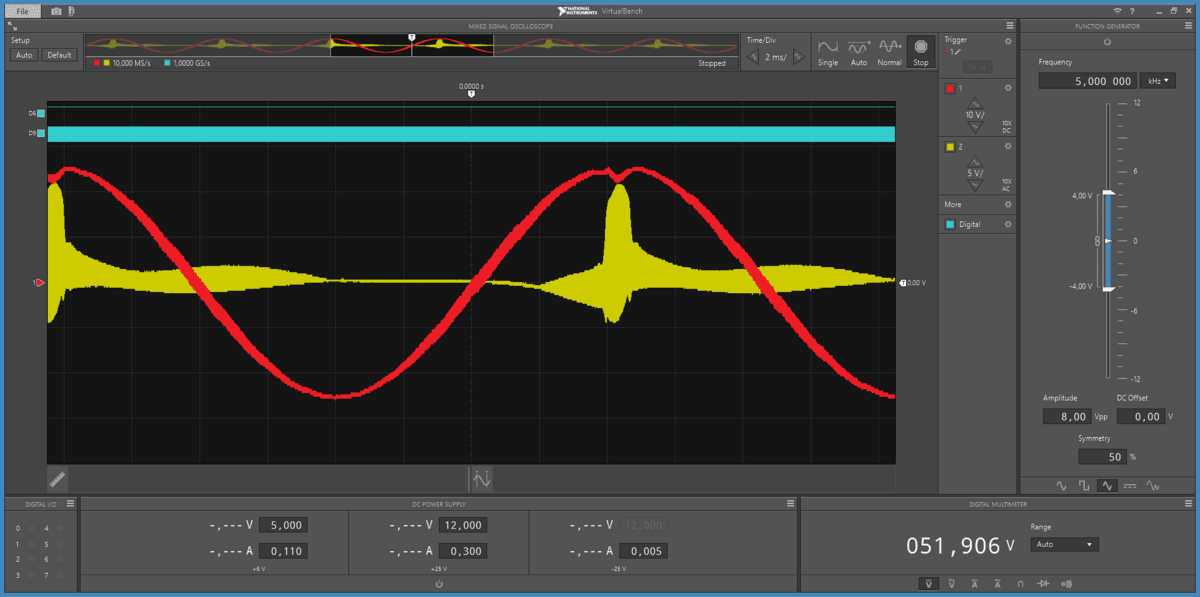 AC-coupled rail at the boost converter output showing a large burst of ringing at every output crest