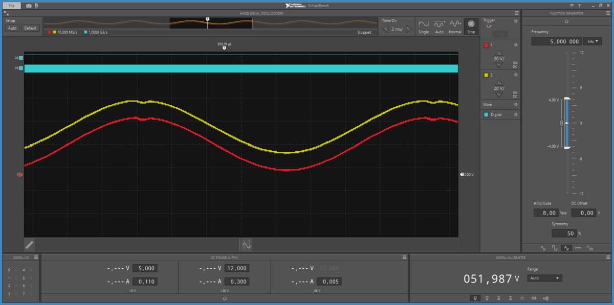 Pin 6 and pin 14 traces running in parallel across a full cycle, the vertical gap between them constant