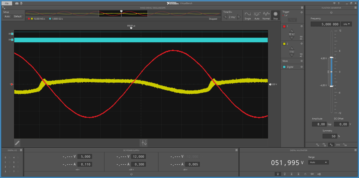 Clean 60 Hz sine at 17.5 V RMS with the rail at the chip showing a smooth sub-volt droop