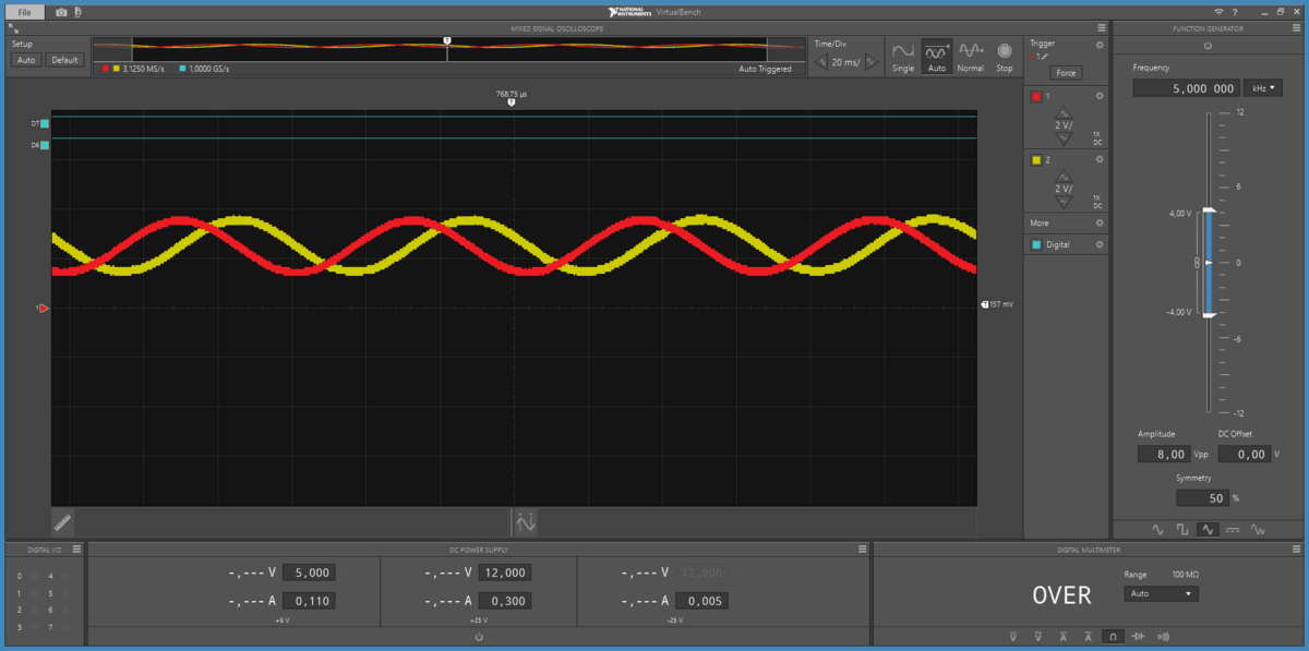 16 Hz at reduced amplitude — the V/f law in action