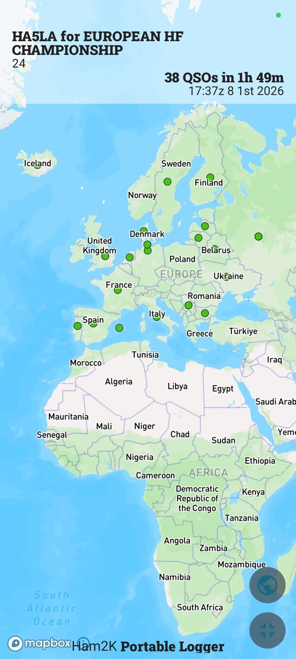 Map of HA5LA contacts during the European HF Championship: 38 QSOs across Europe in under two hours