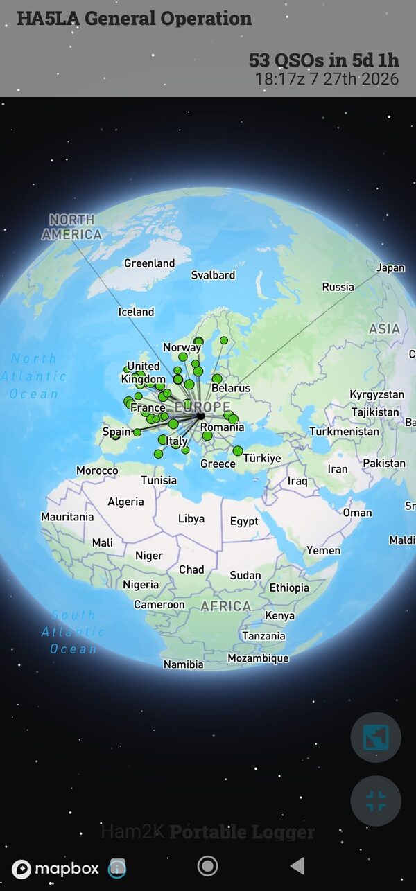 Globe view of HA5LA general operation contacts, showing the long paths to Japan and the USA