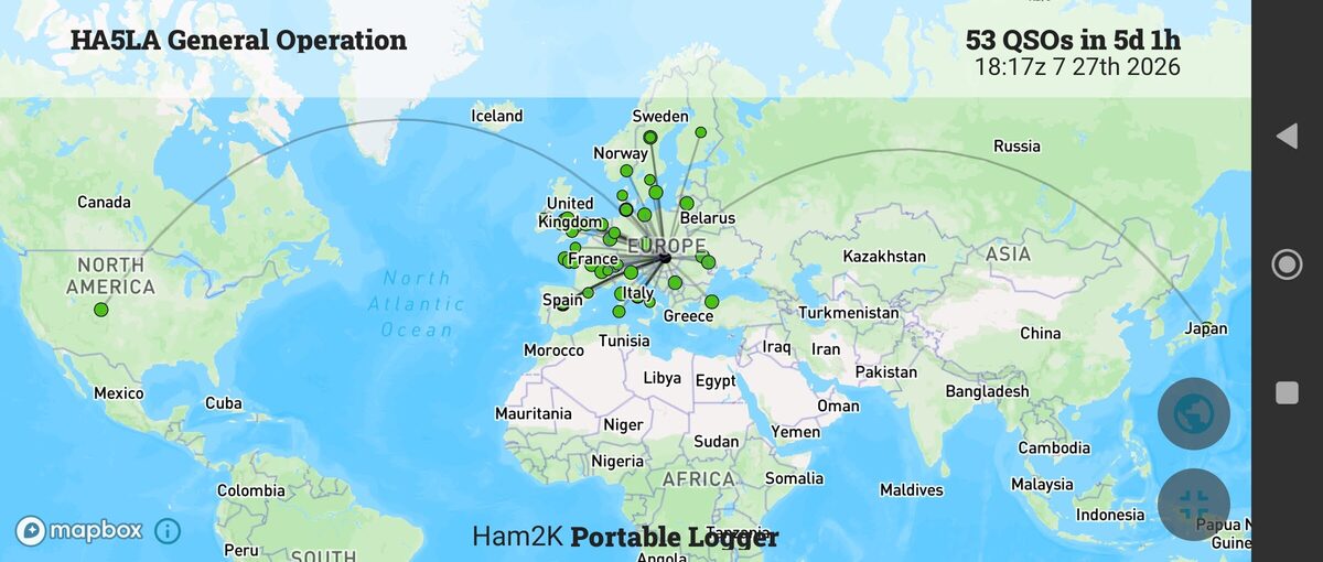 Map of HA5LA general operation contacts: 53 QSOs across Europe plus one station each in the USA and Japan