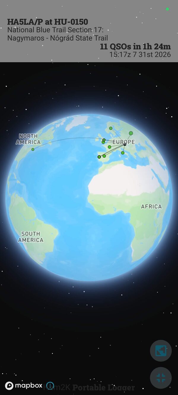 Globe view of the HU-0150 POTA activation contacts