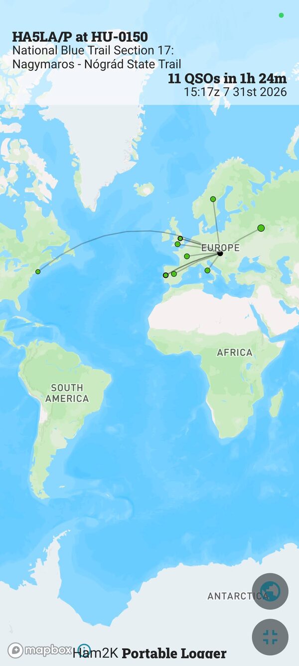 Map of the HA5LA/P HU-0150 POTA activation: 11 QSOs, mostly European with one surprise USA contact
