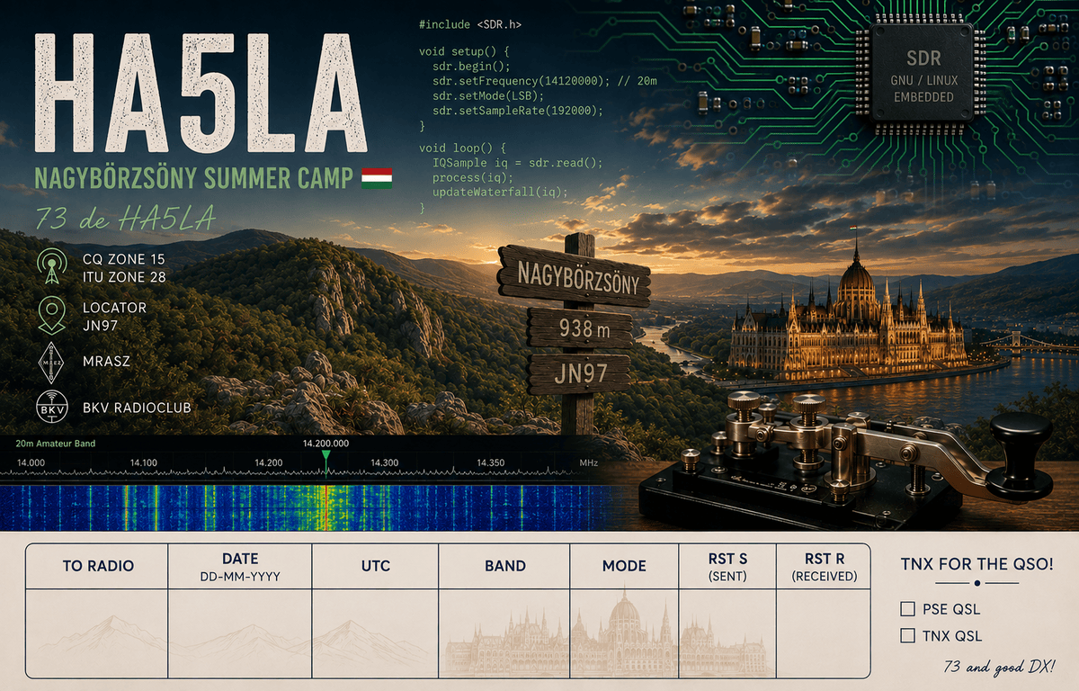 Nagybörzsöny summer camp QSL card design with a trail signpost and the JN97 locator