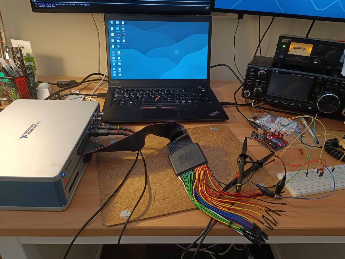 The bench: VirtualBench with MSO probes and logic pod, Linux laptop, Uno and breadboard